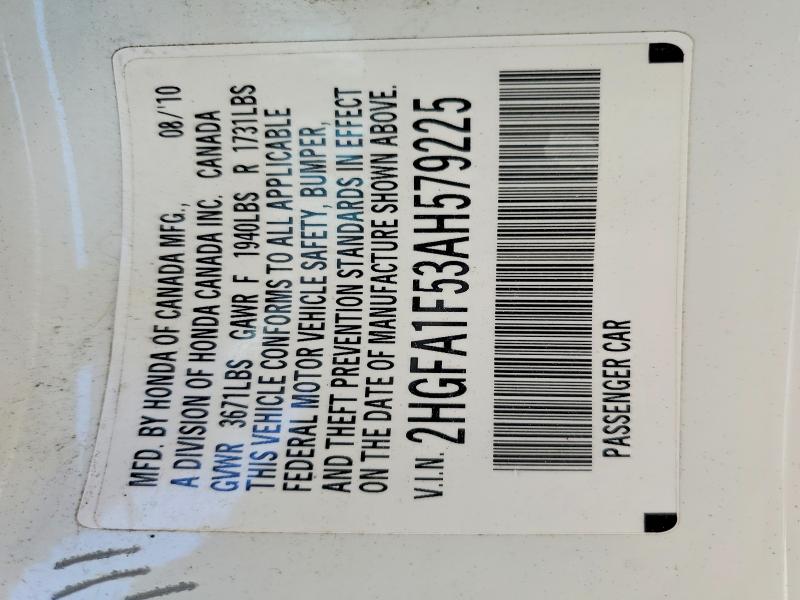 Aukcja sprzedaży 2010 Honda Civic, vin: 2HGFA1F53AH579225, numer aukcji: 52313326