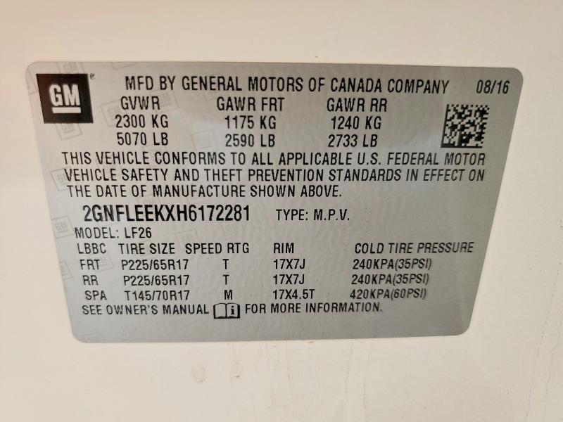 53829756 :رقم المزاد ، 2GNFLEEKXH6172281 vin ، 2017 Chevrolet Equinox مزاد بيع