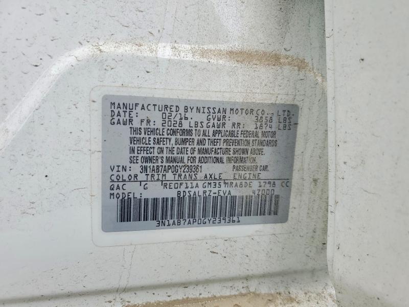 2016 Nissan Sentra მანქანა იყიდება აუქციონზე, vin: 3N1AB7AP0GY239361, აუქციონის ნომერი: 54081736