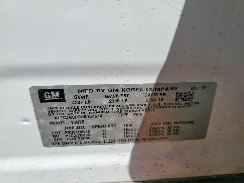 2017 Chevrolet Trax მანქანა იყიდება აუქციონზე, vin: KL7CJNSB9HB154614, აუქციონის ნომერი: 54176416