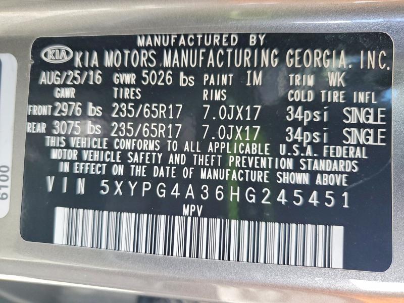 52424286 :رقم المزاد ، 5XYPG4A36HG245451 vin ، 2017 Kia Sorento مزاد بيع