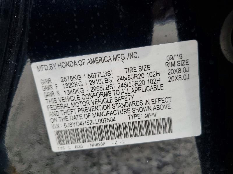 52740696 :رقم المزاد ، 5J8YD4H52LL007504 vin ، 2020 Acura Mdx مزاد بيع