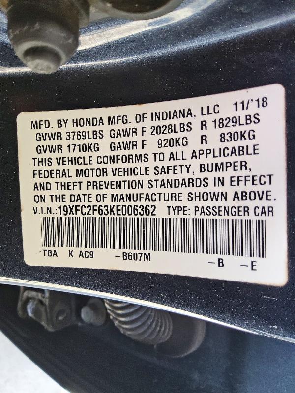 58498956 :رقم المزاد ، 19XFC2F63KE006362 vin ، 2019 Honda Civic مزاد بيع