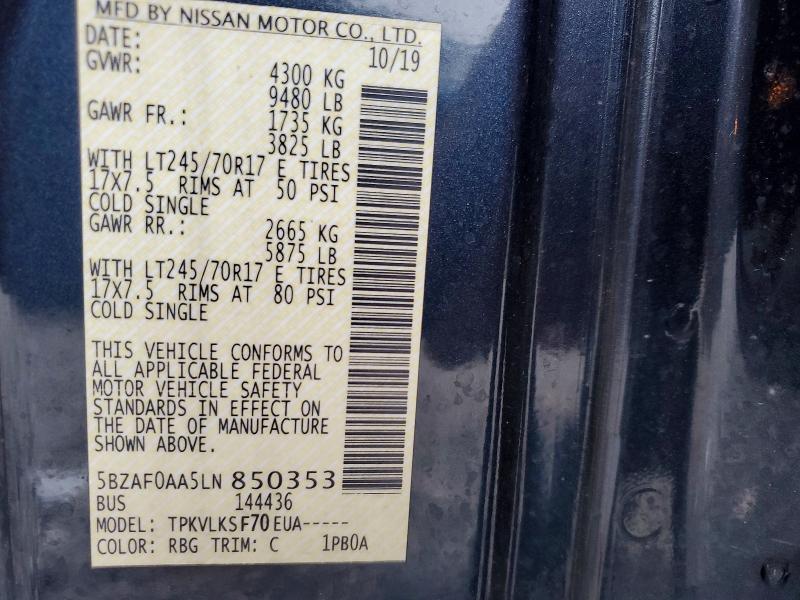 Aukcja sprzedaży 2020 Nissan Nv, vin: 5BZAF0AA5LN850353, numer aukcji: 54402896