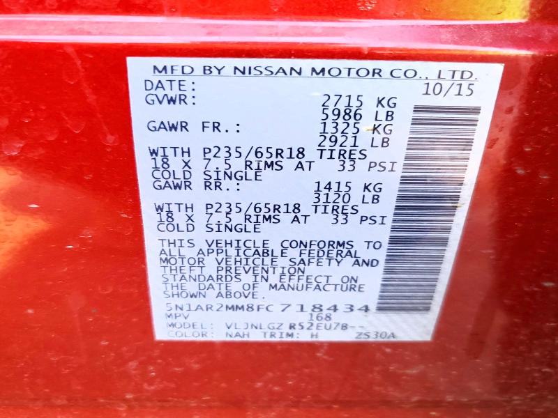 2015 Nissan Pathfinder მანქანა იყიდება აუქციონზე, vin: 5N1AR2MM8FC718434, აუქციონის ნომერი: 55136336