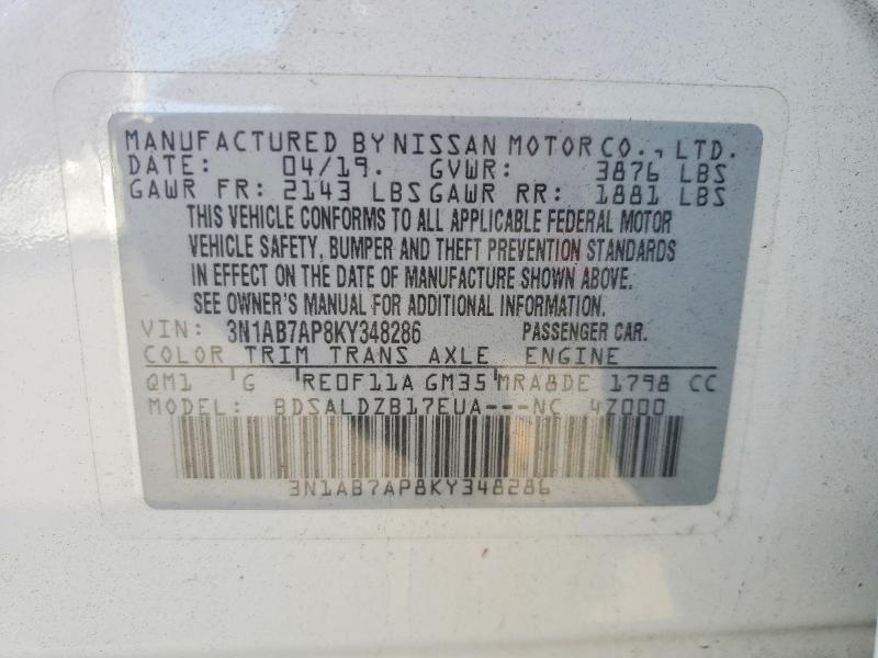 Aukcja sprzedaży 2019 Nissan Sentra, vin: 3N1AB7AP8KY348286, numer aukcji: 52006186