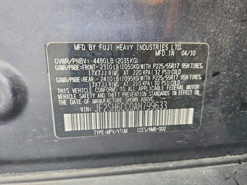 Aukcja sprzedaży 2010 Subaru Forester, vin: JF2SH6CC0AH799633, numer aukcji: 54940986