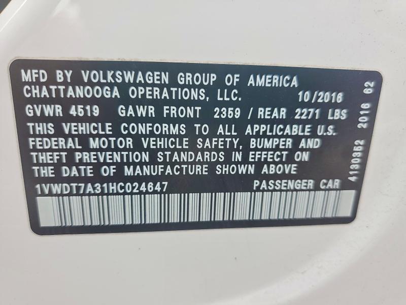 Продаж на аукціоні авто 2017 Volkswagen Passat, vin: 1VWDT7A31HC024647, номер лоту: 53005576