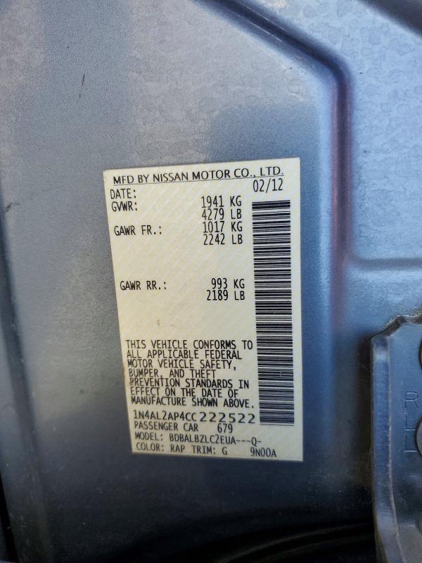 Продажа на аукционе авто 2012 Nissan Altima, vin: 1N4AL2AP4CC222522, номер лота: 54002626