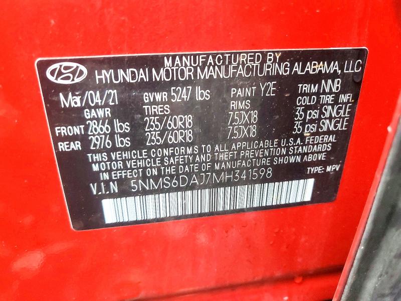 Продаж на аукціоні авто 2021 Hyundai Santa Fe, vin: 5NMS6DAJ7MH341598, номер лоту: 54188116