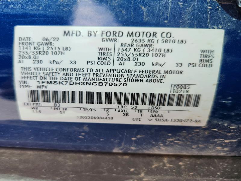Продажа на аукционе авто 2022 Ford Explorer, vin: 1FMSK7DH3NGB70570, номер лота: 52596826