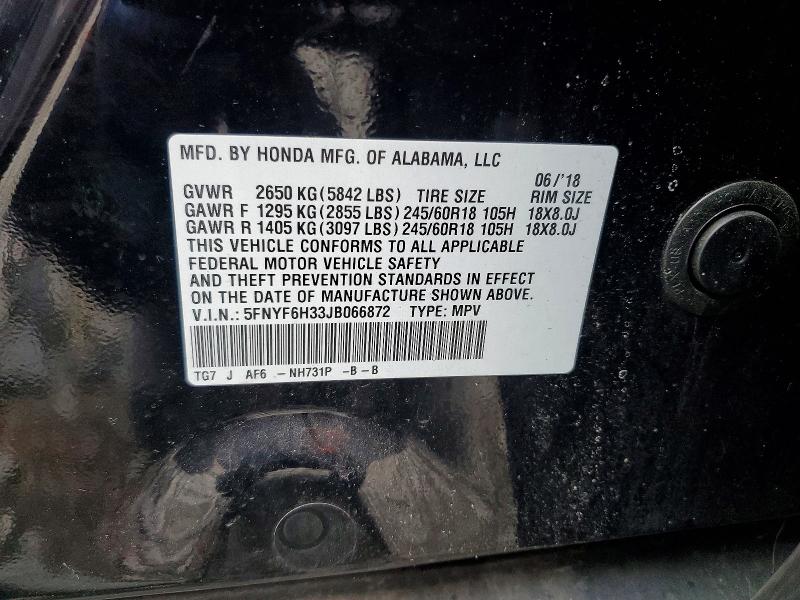 2018 Honda Pilot მანქანა იყიდება აუქციონზე, vin: 5FNYF6H33JB066872, აუქციონის ნომერი: 52319866