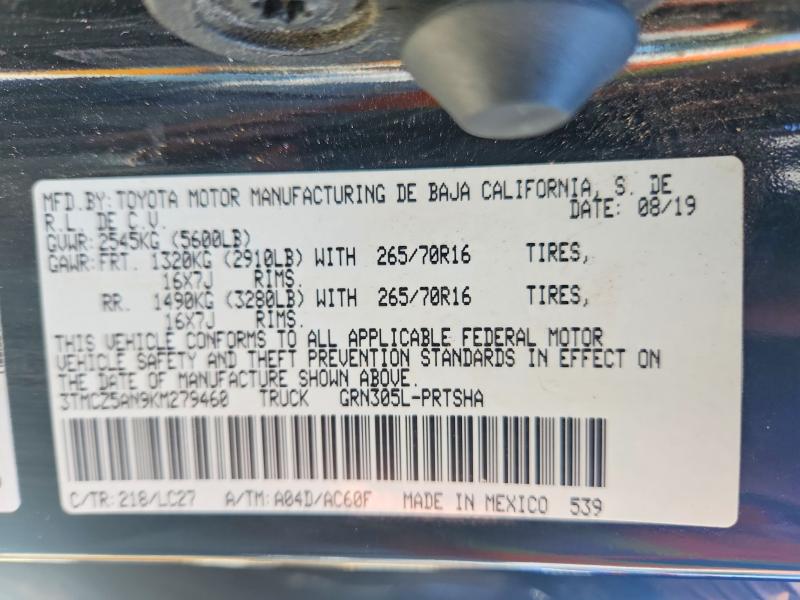 52749486 :رقم المزاد ، 3TMCZ5AN9KM279460 vin ، 2019 Toyota Tacoma مزاد بيع