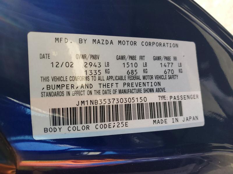 2003 Mazda Mx-5 Miata მანქანა იყიდება აუქციონზე, vin: JM1NB353730305150, აუქციონის ნომერი: 54816976