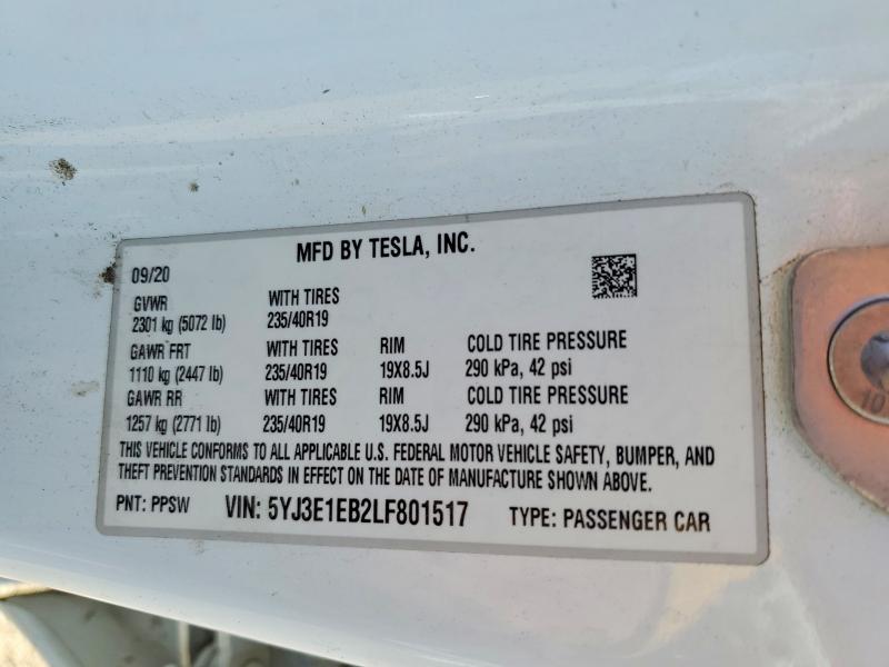 Продаж на аукціоні авто 2020 Tesla Model 3, vin: 5YJ3E1EB2LF801517, номер лоту: 54175876