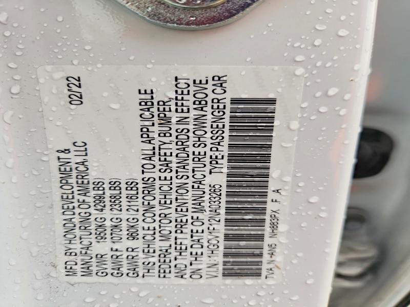 52464286 :رقم المزاد ، 1HGCV1F12NA033265 vin ، 2022 Honda Accord مزاد بيع