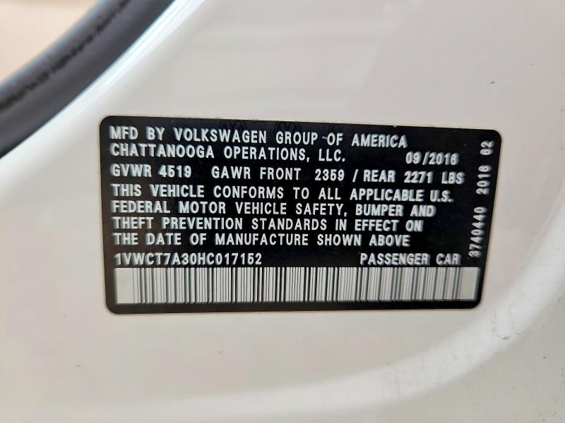 Продажа на аукционе авто 2017 Volkswagen Passat, vin: 1VWCT7A30HC017152, номер лота: 53312296