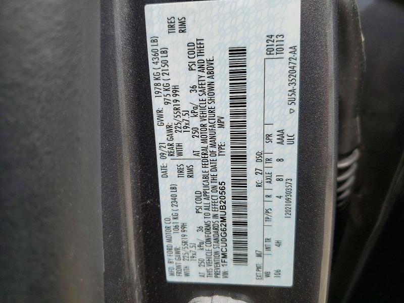 52547876 :رقم المزاد ، 1FMCU0G62MUB20565 vin ، 2021 Ford Escape مزاد بيع