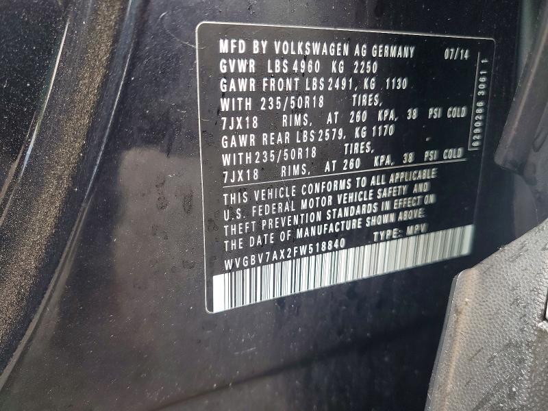 Продаж на аукціоні авто 2015 Volkswagen Tiguan, vin: WVGBV7AX2FW518840, номер лоту: 53882256
