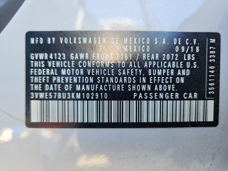 2019 Volkswagen Jetta მანქანა იყიდება აუქციონზე, vin: 3VWE57BU3KM102910, აუქციონის ნომერი: 55205026