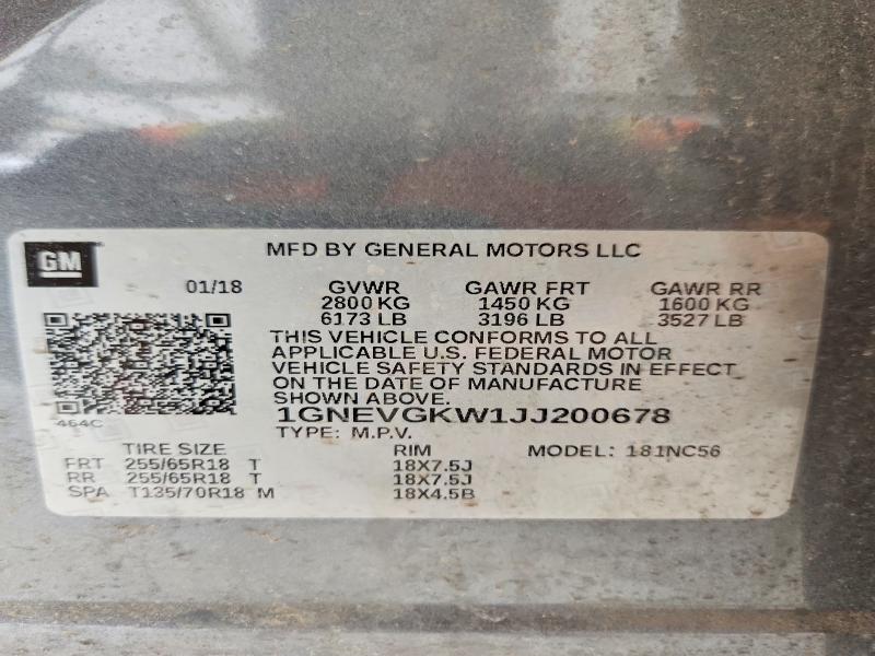 54304126 :رقم المزاد ، 1GNEVGKW1JJ200678 vin ، 2018 Chevrolet Traverse مزاد بيع