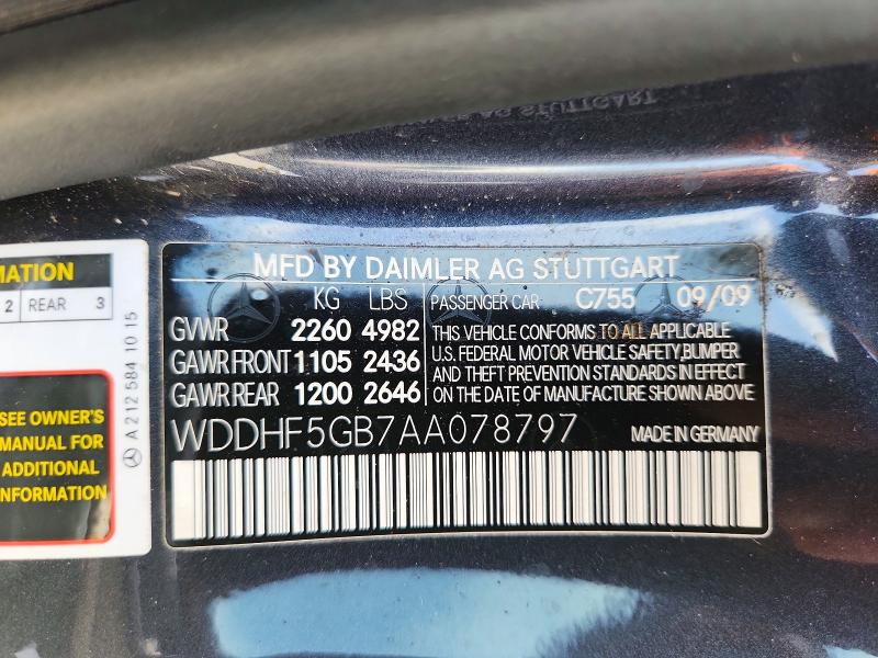 55204596 :رقم المزاد ، WDDHF5GB7AA078797 vin ، 2010 Mercedes-benz E مزاد بيع