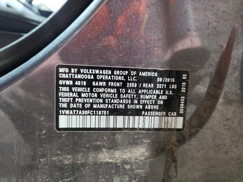 Продажа на аукционе авто 2015 Volkswagen Passat, vin: 1VWAT7A30FC119751, номер лота: 55243816