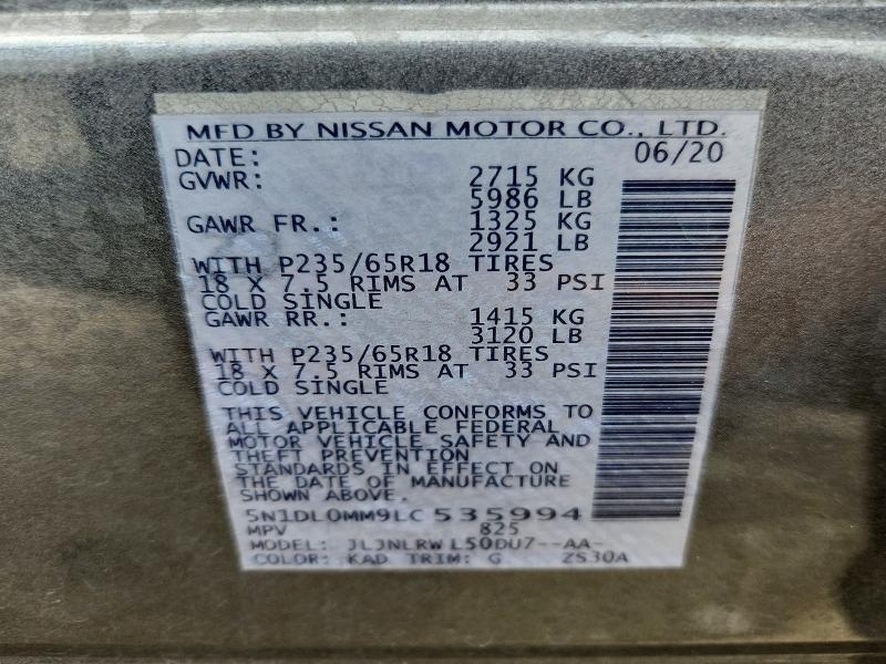 Aukcja sprzedaży 2020 Infiniti Qx60, vin: 5N1DL0MM9LC535994, numer aukcji: 53119036