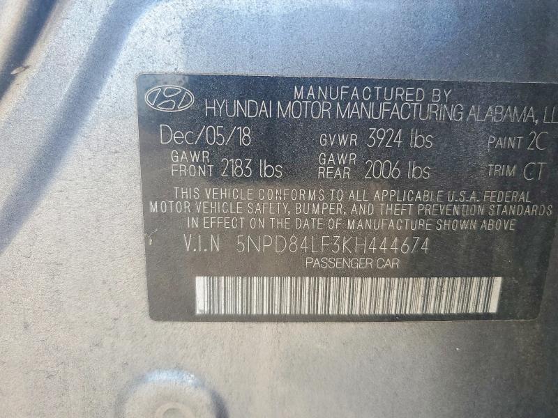 53732926 :رقم المزاد ، 5NPD84LF3KH444674 vin ، 2019 Hyundai Elantra مزاد بيع