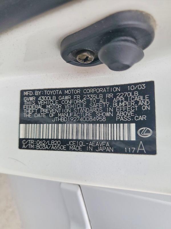 Aukcja sprzedaży 2004 Lexus Is, vin: JTHBD192740084958, numer aukcji: 54888976