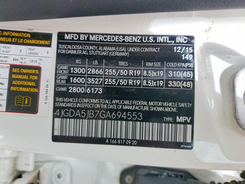 55394046 :رقم المزاد ، 4JGDA5JB7GA694553 vin ، 2016 Mercedes-benz Gle مزاد بيع