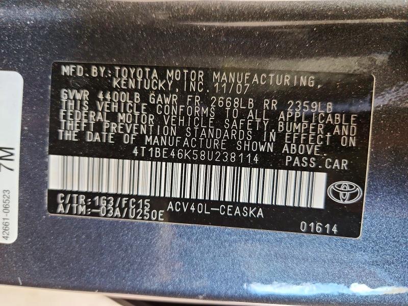 52343256 :رقم المزاد ، 4T1BE46K58U238114 vin ، 2008 Toyota Camry مزاد بيع