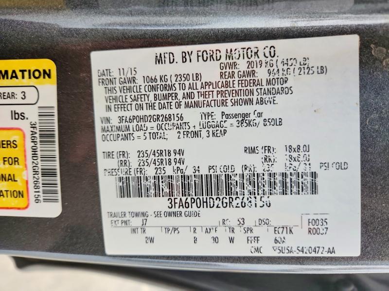 2016 Ford Fusion მანქანა იყიდება აუქციონზე, vin: 3FA6P0HD2GR268156, აუქციონის ნომერი: 52060806