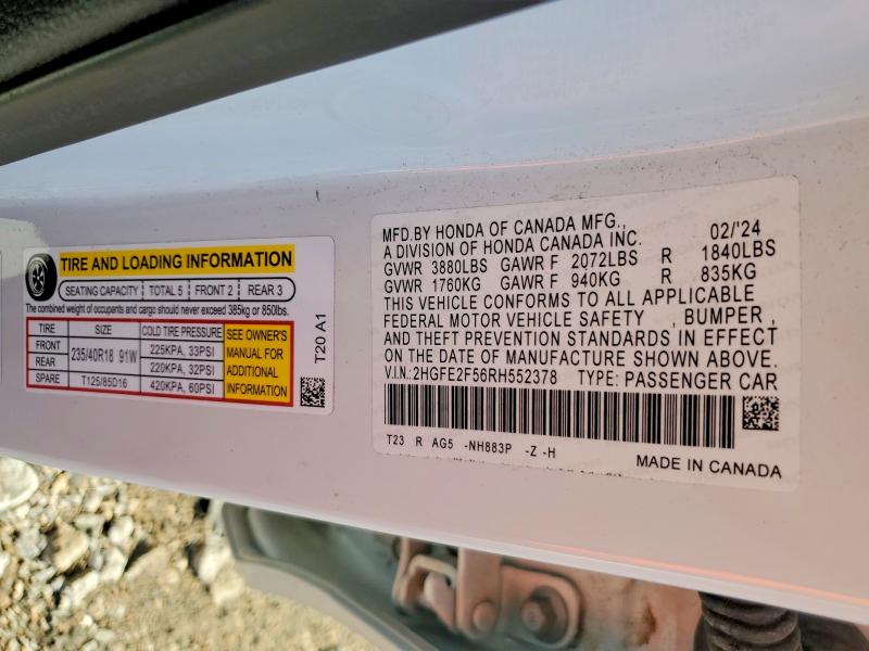 Продажа на аукционе авто 2024 Honda Civic, vin: 2HGFE2F56RH552378, номер лота: 53198036