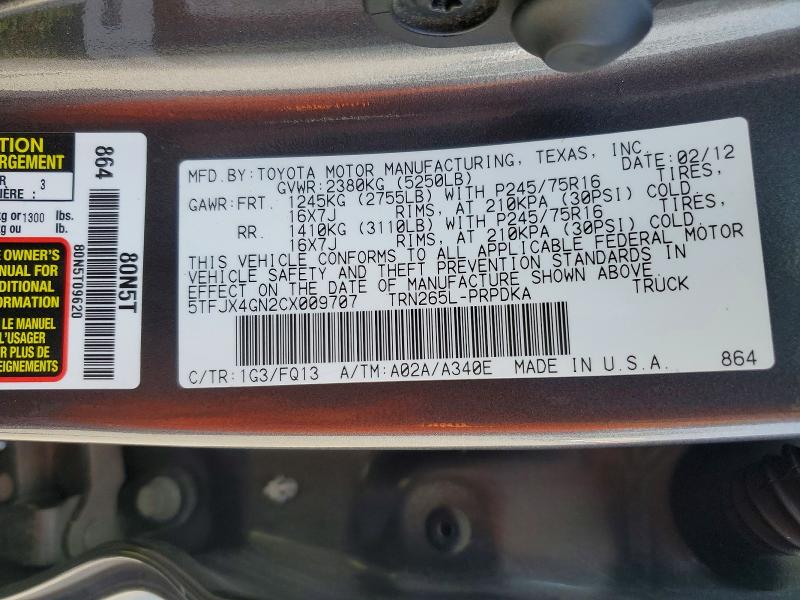 Aukcja sprzedaży 2012 Toyota Tacoma, vin: 5TFJX4GN2CX009707, numer aukcji: 52460046