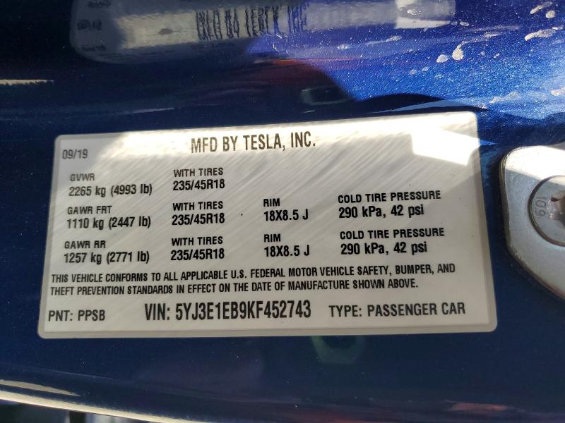 Продаж на аукціоні авто 2019 Tesla Model 3, vin: 5YJ3E1EB9KF452743, номер лоту: 52414416