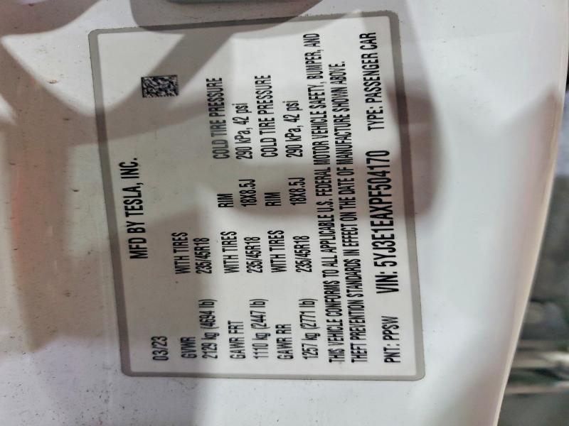 2023 Tesla Model 3 მანქანა იყიდება აუქციონზე, vin: 5YJ3E1EAXPF504170, აუქციონის ნომერი: 54952576