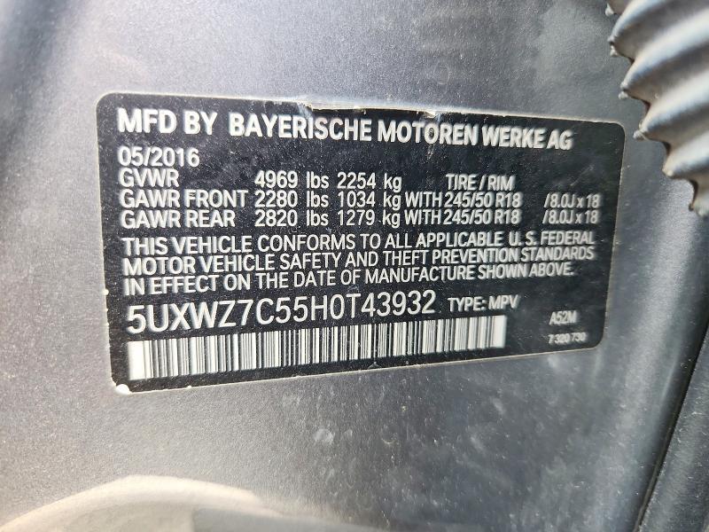 Aukcja sprzedaży 2017 Bmw X3, vin: 5UXWZ7C55H0T43932, numer aukcji: 52994396