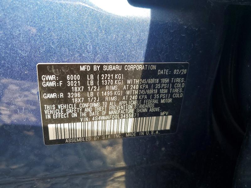 2020 Subaru Ascent მანქანა იყიდება აუქციონზე, vin: 4S4WMAFD0L3455671, აუქციონის ნომერი: 53729956