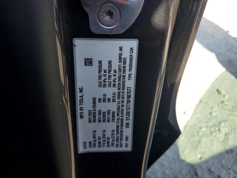 2025 Tesla Model 3 მანქანა იყიდება აუქციონზე, vin: 5YJ3E1ET7SF987577, აუქციონის ნომერი: 51723726