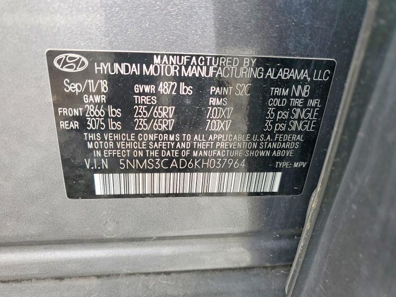 Aukcja sprzedaży 2019 Hyundai Santa Fe, vin: 5NMS3CAD6KH037964, numer aukcji: 55309196