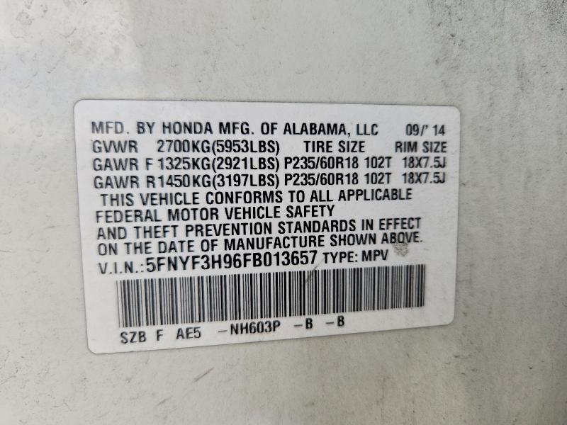 Продаж на аукціоні авто 2015 Honda Pilot, vin: 5FNYF3H96FB013657, номер лоту: 55725516