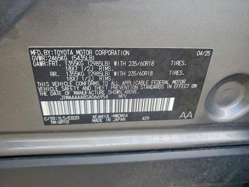 2025 Toyota Bz4x მანქანა იყიდება აუქციონზე, vin: JTMAAAAA8SA066954, აუქციონის ნომერი: 55272596