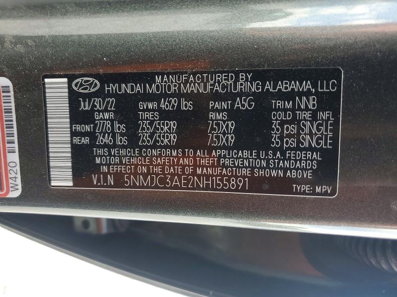 2022 Hyundai Tucson მანქანა იყიდება აუქციონზე, vin: 5NMJC3AE2NH155891, აუქციონის ნომერი: 54125346