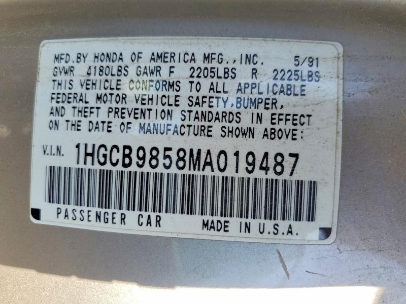 52919586 :رقم المزاد ، 1HGCB9858MA019487 vin ، 1991 Honda Accord مزاد بيع