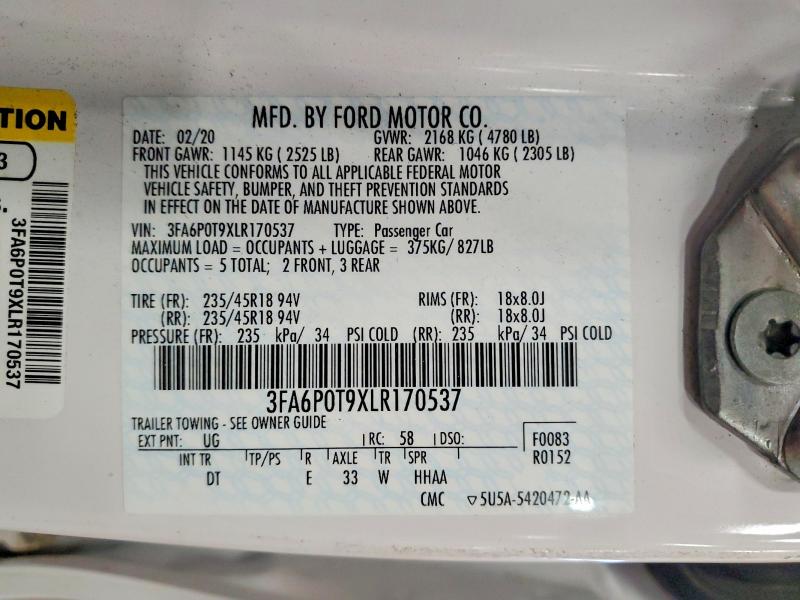 55073296 :رقم المزاد ، 3FA6P0T9XLR170537 vin ، 2020 Ford Fusion مزاد بيع