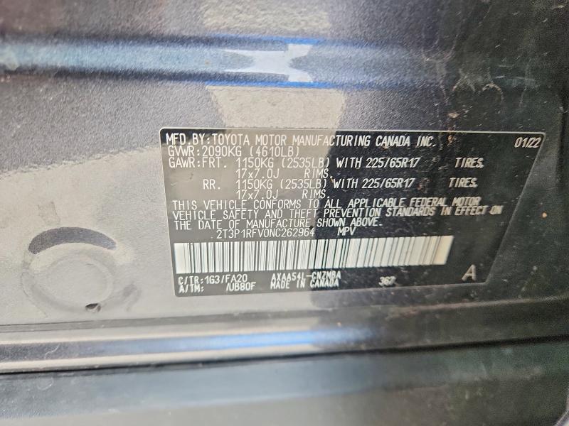 2022 Toyota Rav4 მანქანა იყიდება აუქციონზე, vin: 2T3P1RFV0NC262964, აუქციონის ნომერი: 53200956