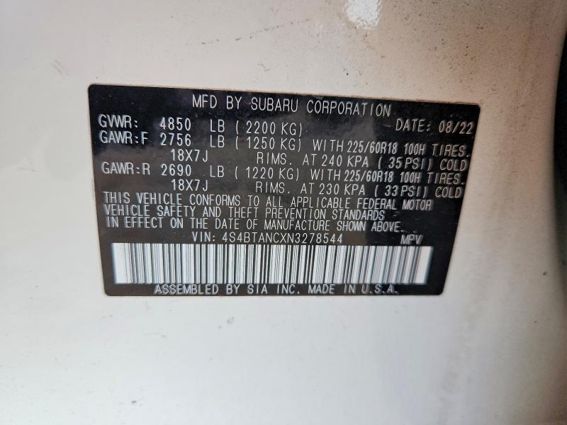2022 Subaru Outback მანქანა იყიდება აუქციონზე, vin: 4S4BTANCXN3278544, აუქციონის ნომერი: 54047046