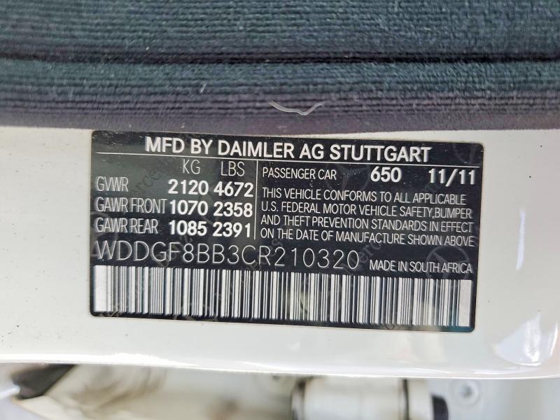 53096626 :رقم المزاد ، WDDGF8BB3CR210320 vin ، 2012 Mercedes-benz C مزاد بيع