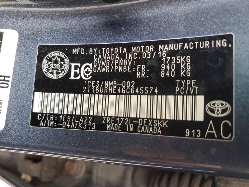 Aukcja sprzedaży 2016 Toyota Corolla, vin: 2T1BURHE4GC645574, numer aukcji: 52217296